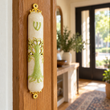 Tree of Life Mezuzah with Shema Scroll – Enamel & Gold-Tone Doorpost Blessing