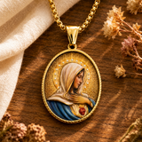 Enamel Immaculate Heart Virgin Mary Oval Gold Stainless Steel Necklace