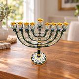 Vintage Floral Enamel Hanukkah Menorah – 9 Branch Candle Holder