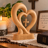 Handcrafted Beechwood Two Hearts One Covenant Cross Sculpture – Christian Wedding & Anniversary Gift