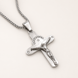 Crucifix Cross Necklace with Crystals, 316L Stainless Steel Religious Pendant for Men
