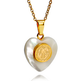 St. Benedict Medal Heart Mother of Pearl Necklace – Faith & Divine Protection