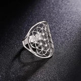 Cutout Flower of Life Mandala Ring for Women Sacred Geometry Ring Statement Stainless Steel Hollowed Out Adjustable Band Ring Jewelry - BGCOPPER