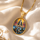 3D Raised Color Enamel Our Lady of Charity Oval Gold Stainless Steel Necklace