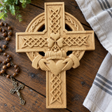 Hand-Carved Beechwood Celtic Claddagh Wall Cross – Irish Christian Faith Home Décor