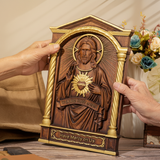 Sacred Heart of Jesus Hand-Carved Beechwood Relief - Divine Mercy Home Altar Decor