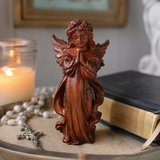 Hand-Carved Praying Angel Figurine – 6 Inch Solid Wood Statue for Christian Home Blessings