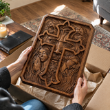 Lion of Judah Holy Cross – Hand-Carved Wooden Christian Wall Plaque