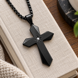Faceted Eight Point North Star CZ Inlay Stainless Steel Cross Necklace