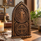 Hand-Carved Beechwood St. Benedict Medal Desktop Ornament