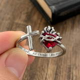Sacred Heart of Jesus Thorn Flame Cross Adjustable Open Ring - Christian gift presentation
