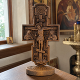 Double-Sided Icon Wood Carving ✝️ | Hand-Carved Crucifix & Saints Beechwood Wall Art