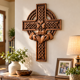 Hand-Carved Beechwood Celtic Claddagh Wall Cross – Irish Christian Faith Home Décor