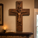 Hand-Carved Beechwood Holy Trinity Crucifix Wall Cross – Christian Home Prayer Decor
