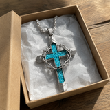 Crown of Thorns Turquoise Cross Necklace – Christian Faith Pendant with 24″ Chain - side view