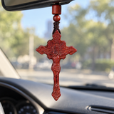 Hand-Carved Wooden Crucifix Pendant – Jesus Cross Christian Faith Car Charm & Prayer Gift
