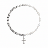 Cuban Chain Panel Pearl Cross Necklace