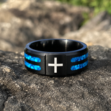 Black Polished Blue Opal Inlay Laser Engraved Cross Stainless Steel Ring
