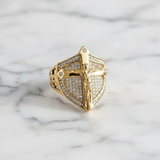 Vintage Gold Shield Crucifix Men's Ring – Faith, Protection & Bold Style - Christian gift presentation