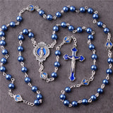 Jesus Mary Cross Blue Alloy Rosary Necklace - BGCOPPER