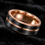 Two-Tone Brushed Titanium Steel Ring, Rose Gold & Black Grooved Wedding Band, 8mm Comfort Fit Mens Promise Ring