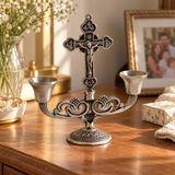 Vintage Jesus Cross Candelabra: Faith Woven into Warm Glow