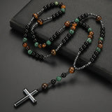 New African pine yellow tiger eye vintage natural stone long cross rosary necklace - BGCOPPER