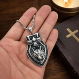 Vintage Shield Wolf & Eagle Stainless Steel Necklace, 3D Embossed Totem Pendant Box Chain for Men