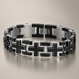 Double Layer Interlocking Textured Cross Two-Tone Stainless Steel Men’s Bracelet