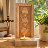 Holy Family Three Sacred Hearts Candlestick Wooden Carved Tabletop Arrangement