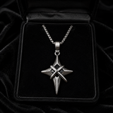 Vintage North Star Men Stainless Steel Necklace, Wrapped Cross Black CZ 4‑Point Star Pendant With Box Chain