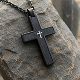 Two-Tone Bevel Edge Carbon Fiber Textured Inlaid Tiny Cross Stainless Steel Necklace