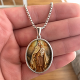 3D Raised Enamel Our Lady of Mount Carmel Oval Stainless Steel Necklace