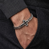 Men’s Carbon Fiber Inlay Cross Curb Chain Bracelet, 316L Stainless Steel Adjustable Religious Faith Bracelet, Silver & Gold Tone Christian Gift for Him