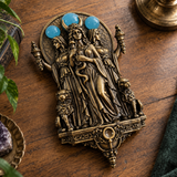 Triple Hecate Wall Sculpture – Antique Bronze Goddess Decor with Blue Orb Accents