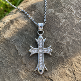 Full Inlaid CZ Gothic Fleur-de-lis Cross Stainless Steel Necklace