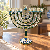 Vintage Floral Enamel Hanukkah Menorah – 9 Branch Candle Holder