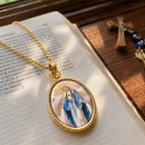 3D Enamel Our Lady of Grace Oval Necklace, Double Sided Tree of Life Stainless Steel Pendant