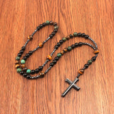 New African pine yellow tiger eye vintage natural stone long cross rosary necklace - BGCOPPER