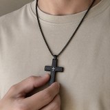 Two-Tone Bevel Edge Carbon Fiber Textured Inlaid Tiny Cross Stainless Steel Necklace
