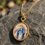 3D Enamel Our Lady of Grace Oval Necklace, Double Sided Tree of Life Stainless Steel Pendant