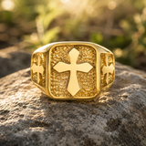 Triple Sides Embossed Cross Hammered Texture Stainless Steel Men’s Signet Ring