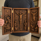 The Life of Christ Hand-Carved Beechwood Triptych – From Nativity to Resurrection Glory