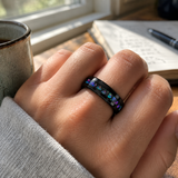 Black Tungsten Ring with Crushed Opal Inlay, 8mm Galaxy Star Dome Band, Meteorite Texture Wedding Band, Unique Promise Ring Gift for Men & Women