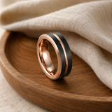 Two-Tone Brushed Titanium Steel Ring, Rose Gold & Black Grooved Wedding Band, 8mm Comfort Fit Mens Promise Ring