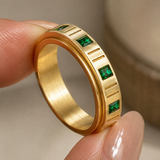 6mm Grooved Square Green CZ Rotatable Spinner Stainless Steel Ring