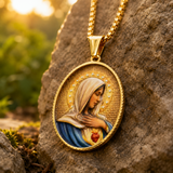Enamel Immaculate Heart Virgin Mary Oval Gold Stainless Steel Necklace