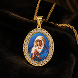 Iced Oval Praying Virgin Mary Portrait Pendant Necklace, 316L Stainless Steel Gold Plated Our Lady Medal Necklace With Rope Chain Religious Jewelry
