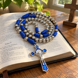 t. Benedict Blue Enamel Rosary with Crucifix – Silver-Tone Beads & Braided Cord