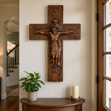 Hand-Carved Beechwood Holy Trinity Crucifix Wall Cross – Christian Home Prayer Decor